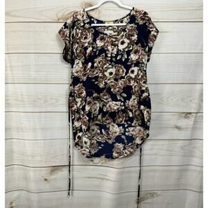 Up Navy Blue Floral Print Short Sleeve Blouse Size Medium